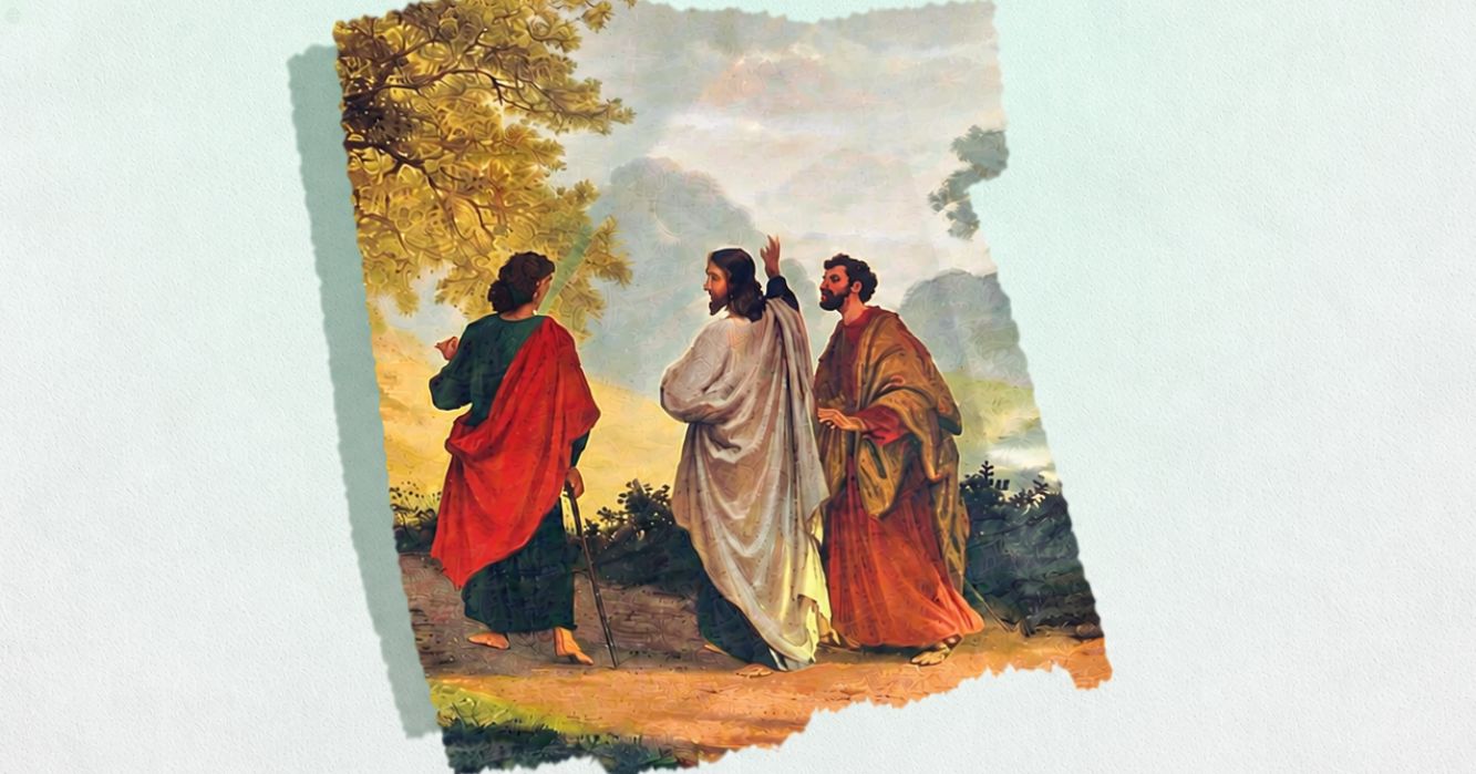 Ilustração de Jesus caminhando e conversando com dois discípulos em uma estrada, em meio a uma paisagem arborizada. A cena aparece sobre um fundo claro com textura de papel e bordas irregulares.